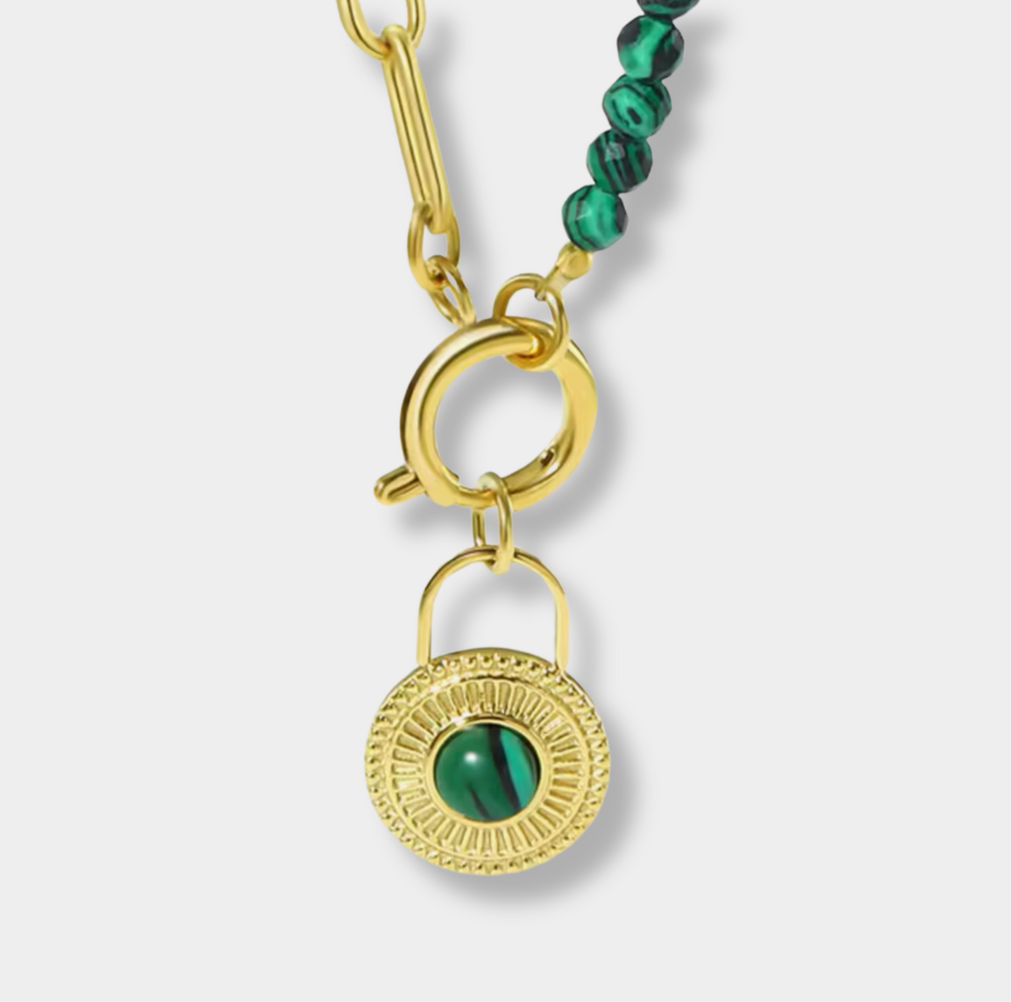 Round Lock Green Beaded  Necklace