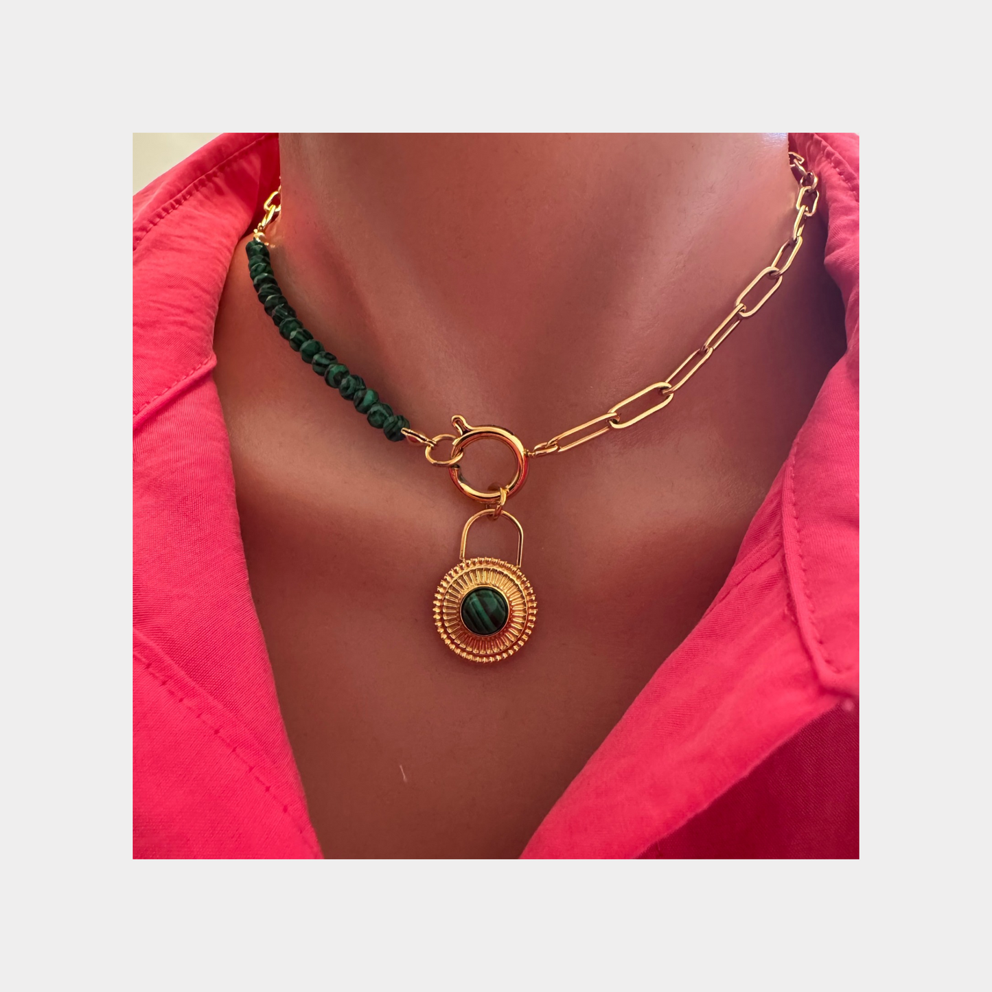 Round Lock Green Beaded  Necklace